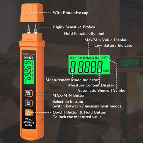 مقياس رطوبة الخشب - نوع الدبوس، معايرة 7 مواد محمولة وتنبيه 3 ألوان، نطاق 0.0-58.0% ±2.0% دقة لسجلات الخشب والجدران الخرسانية والحوائط الجافة - تمنع التشوه والتقشير in Kuwait
