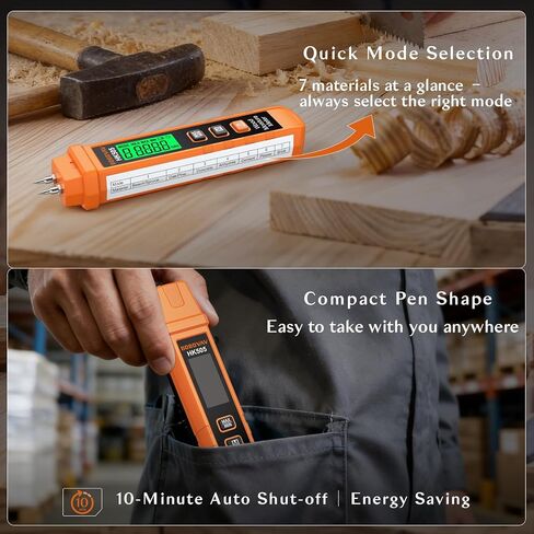 مقياس رطوبة الخشب - نوع الدبوس، معايرة 7 مواد محمولة وتنبيه 3 ألوان، نطاق 0.0-58.0% ±2.0% دقة لسجلات الخشب والجدران الخرسانية والحوائط الجافة - تمنع التشوه والتقشير in Kuwait