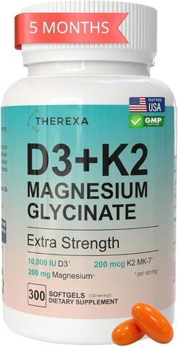 مكمل فيتامين د3 ك2 من المغنيسيوم - قوة إضافية مع 10000 وحدة دولية من فيتامين د3 وجليسينات المغنيسيوم و200 ميكروجرام من مركب مكملات فيتامين ك2 MK-7 للنساء والرجال - 300 كبسولة هلامية in Kuwait