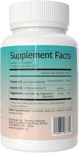 مكمل فيتامين د3 ك2 من المغنيسيوم - قوة إضافية مع 10000 وحدة دولية من فيتامين د3 وجليسينات المغنيسيوم و200 ميكروجرام من مركب مكملات فيتامين ك2 MK-7 للنساء والرجال - 300 كبسولة هلامية in Kuwait