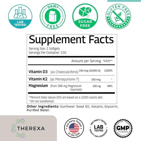مكمل فيتامين د3 ك2 من المغنيسيوم - قوة إضافية مع 10000 وحدة دولية من فيتامين د3 وجليسينات المغنيسيوم و200 ميكروجرام من مركب مكملات فيتامين ك2 MK-7 للنساء والرجال - 300 كبسولة هلامية in Kuwait