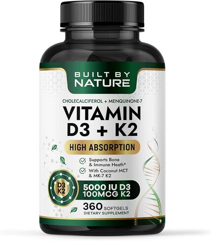 Built by Nature Vitamin D3 K2 5000 IU + 100 mcg MK-7 - Extra Strength, High Absorption - Bone, Heart & Immune Support - Coconut MCT Oil - Non-GMO – 1 Year Supply - 360 Softgels in Saudi Arabia