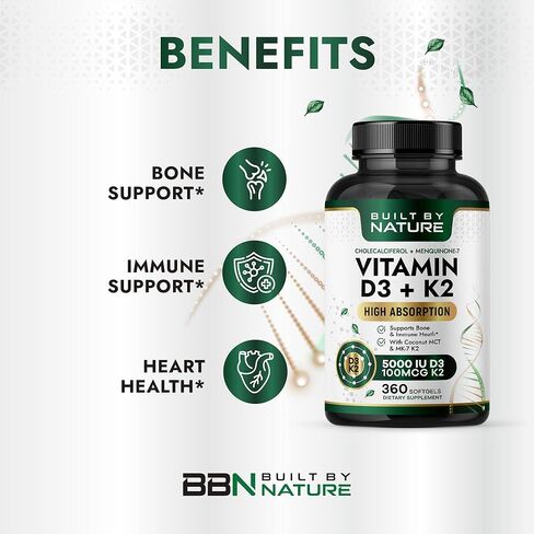Built by Nature Vitamin D3 K2 5000 IU + 100 mcg MK-7 - Extra Strength, High Absorption - Bone, Heart & Immune Support - Coconut MCT Oil - Non-GMO – 1 Year Supply - 360 Softgels in Saudi Arabia