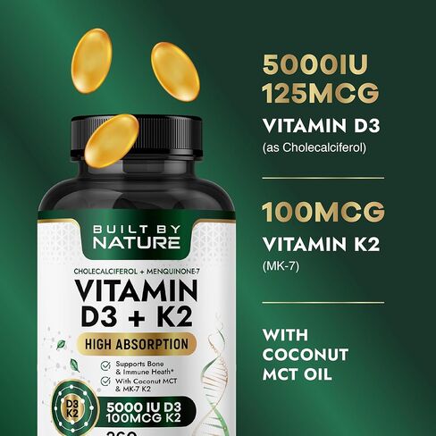 Built by Nature Vitamin D3 K2 5000 IU + 100 mcg MK-7 - Extra Strength, High Absorption - Bone, Heart & Immune Support - Coconut MCT Oil - Non-GMO – 1 Year Supply - 360 Softgels in Saudi Arabia