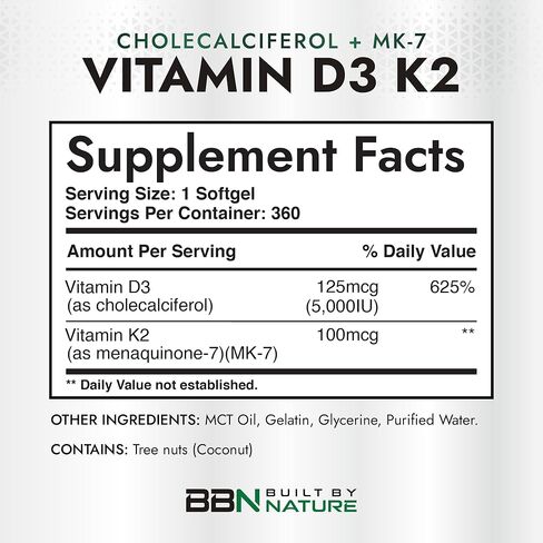 Built by Nature Vitamin D3 K2 5000 IU + 100 mcg MK-7 - Extra Strength, High Absorption - Bone, Heart & Immune Support - Coconut MCT Oil - Non-GMO – 1 Year Supply - 360 Softgels in Saudi Arabia