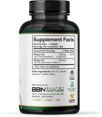 Built by Nature Vitamin D3 K2 5000 IU + 100 mcg MK-7 - Extra Strength, High Absorption - Bone, Heart & Immune Support - Coconut MCT Oil - Non-GMO – 1 Year Supply - 360 Softgels in Saudi Arabia