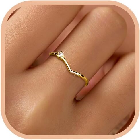 SUYACS Dainty 14K Gold Plated V Rings for Women Non Tarnish 925 Sterling Silver CZ Birthstone Wedding Bands Engagement Promise Ring Stackable Thin Simple Ring Jewelry Birthday Gifts for Her in Kuwait