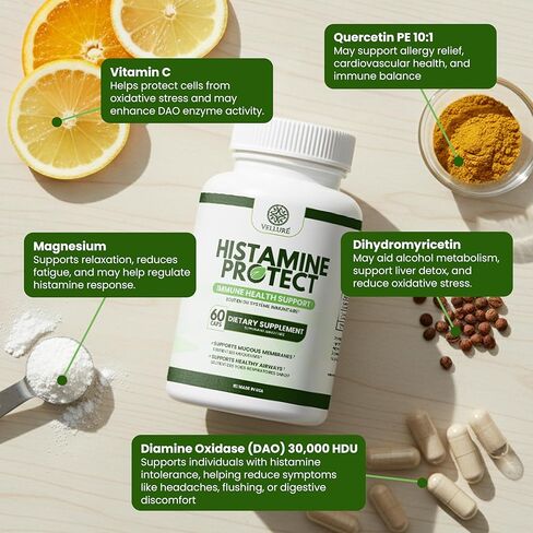 مكمل إنزيم حماية الهيستامين DAO - 30,000 HDU ديامين أوكسيديز للهستامين والأطعمة المخمرة، ودعم الأمعاء والجهاز الهضمي مع كيرسيتين، والمغنيسيوم وفيتامين C، 60 كبسولة in Kuwait