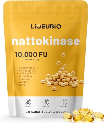 Nattokinase Supplement 10,000 FU, 9-in-1 Formula with Serrapeptase, Bromelain, CoQ10, Turmeric & White Willow Bark, 240 Softgels in Saudi Arabia