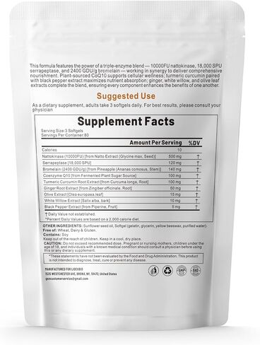Nattokinase Supplement 10,000 FU, 9-in-1 Formula with Serrapeptase, Bromelain, CoQ10, Turmeric & White Willow Bark, 240 Softgels in Saudi Arabia
