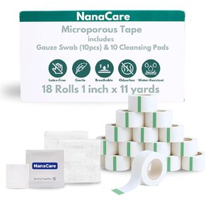 Paper Medical Tape Waterproof, 18 Rolls x 1 inch + 10 pc Gauze Pads - Hypoallergenic Surgical Tape for Wound Care, Dressings & Face, First Aid Waterproof Bandage for Sensitive Skin - NanaCare in Kuwait