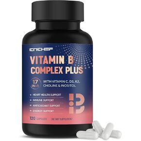 17-in-1 Vitamin B Complex Plus – Vitamin B1, B2, B3, B4, B5, B6, B7 (Biotin), B8 (Inositol), B9, B12, C, D3, K2, Energy, Immune, Skin, Nerve Support for Men & Women - 120 Capsules in Kuwait