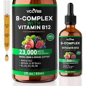 Vitamin B Complex Drops, Active B12 Methylcobalamin 5000mcg, B6, B1, B2, B5, B7, B3, Folate with Vitamin C, B12 Sublingual Liquid Fast Absorption | Boost Energy, Focus & Immunity, Vegan | 60 Servings in Saudi Arabia