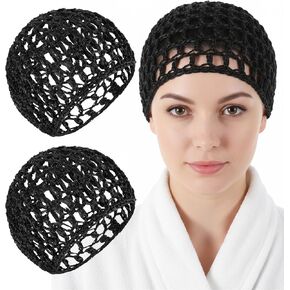 2 Pieces Crochet Hair Net, Hair Wrap Net Breathable for Sleeping & Shower, Soft Rayon Knit Snood Cap for Women, Black (Reusable & Stretchy) in Kuwait