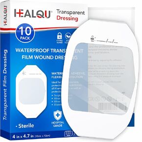 ضمادة شفافة مقاس 10.16 سم × 11.43 سم (10 عبوات) - ضمادات جروح لاصقة مقاومة للماء للاستحمام بعد العمليات الجراحية، درع IV، رعاية ما بعد الوشم، رقع شفافة قابلة للتنفس من HEALQU in Kuwait