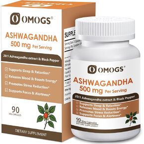 OMOGS Organic Ashwagandha, Pure Herb Extract, Added Black Pepper, High Absorption, for Boosts Energy, Sleep, Focus, Stress Relief.& Immune Support, Non-GMO, 90 Vegetable Capsules in Kuwait