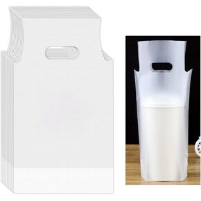 200 قطعة من أكياس بولي الشرب بمقبض، حقيبة حاملة للأكواب الواحدة، أكياس تغليف بلاستيكية شفافة محمولة مع مقبض للتوصيل وحامل أكواب المشروبات وعصير القهوة ومتاجر الحليب، 27.94 × 16.3 سم in Kuwait