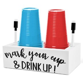 Wooden Double Cup Holder with Marker Slot, Mark Your Cup and Drink Up Cu-p Holder with 2 Marker Pen for Birthday, Pool, Wedding, BBQ, Family, Holiday Party(Color:White+Black) in Kuwait