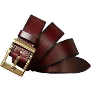 Men's Leather Belt - 3.8 cm Solid Cowhide with Brass Buckle, Vintage Cowboy Design in Kuwait