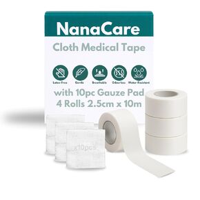 NanaCare Cloth Medical Tape Waterproof, 4 Rolls x 1 inch + 10 pc Gauze Pads - Hypoallergenic Surgical Tape for Wound Care, Dressings & Face, First Aid Waterproof Bandage for Sensitive Skin in Kuwait