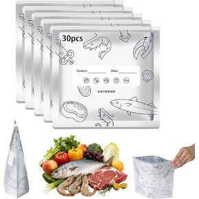 أكياس تخزين قابلة للإغلاق من رقائق الألومنيوم قابلة لإعادة الاستخدام، 2026 أكياس جديدة قابلة للإغلاق بسحاب مع ملصق لتخزين الطعام، أكياس رقائق معدنية آمنة للتسرب ومضادة للتسرب للحوم والفواكه والخضروات (30 كبيرة) in Kuwait
