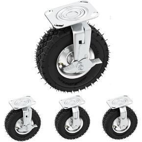 8 Inch Pneumatic Casters Wheels, No noise Heavy Duty Casters Set of 4 Tolerable 1000 lbs with Brake, Locking Swivel rubber caster, Industrial Castor Wheels for Workbench, Cart, Trolley and Wagon in Kuwait