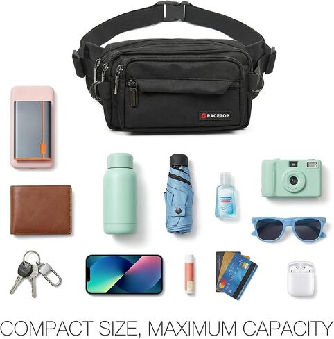 Multi-Pocket Fanny Pack Waist Bag, 4-Pocket Crossbody Belt Bag, Water-Repellent Travel Hip Pack with Soft Foldable Side Wings & Adjustable Strap for Running, Walking, Hiking, Cycling, and Travel in Saudi Arabia