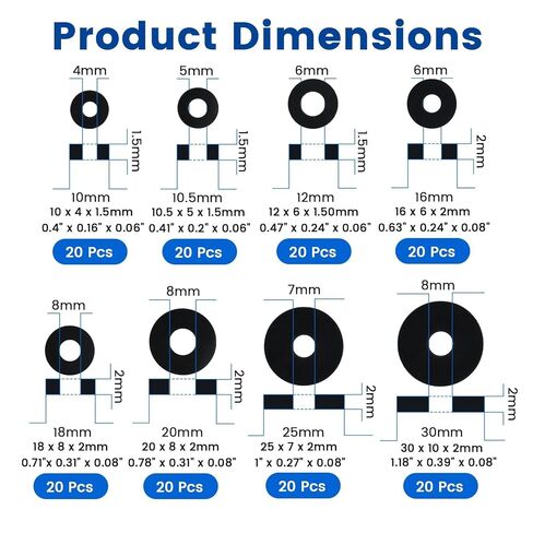 مجموعة متنوعة من 160 قطعة من الغسالات المطاطية المسطحة، 10/10.5/12/16/18/20/25/30 مم، غسالة مسطحة من المطاط الأسود، غسالات مطاطية شديدة التحمل للبراغي والصنابير والمسامير ورأس دش خرطوم الحديقة - 8 مقاسات in Kuwait