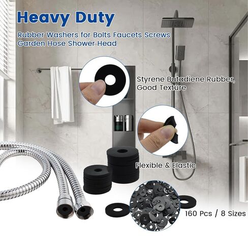160 Pcs Flat Rubber Washers Assortment Kit, 10/10.5/12/16/18/20/25/30mm Black Rubber Flat Washer, Heavy Duty Rubber Washers for Bolts Faucets Screws Garden Hose Shower Head - 8 Sizes in Saudi Arabia