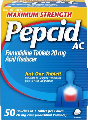 Pepcid AC Maximum Strength Heartburn Relief Tablets, OTC Medicine Prevents & Relieves Heartburn Due to Acid Indigestion & Sour Stomach, 20mg Famotidine Acid Reducer, Fast-Acting, 2 Pack, 8 ct & 50 ct in Kuwait