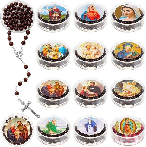 قلادات مسبحة كاثوليكية معطرة بالورد، خرز خشبي، قلادة مسبحة، مسبحة حمراء دينية، مسبحة يسوع الصليب، هدايا كاثوليكية مقدسة بكميات كبيرة مع علب هدايا للصلاة للرجال والنساء (48 قطعة) in Kuwait