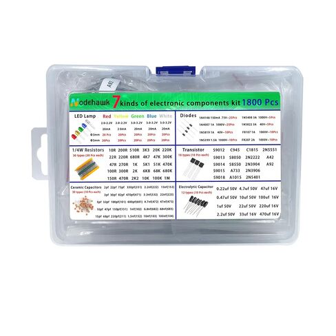 مجموعة المكونات الإلكترونية - إجمالي 1800 قطعة، صمامات ثنائية LED، مقاومات، مكثفات، مكثفات سيراميك، ترانزستورات، صمامات ثنائية - لمشاريع DIY، هواة الإلكترونيات in Kuwait