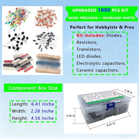 مجموعة المكونات الإلكترونية - إجمالي 1800 قطعة، صمامات ثنائية LED، مقاومات، مكثفات، مكثفات سيراميك، ترانزستورات، صمامات ثنائية - لمشاريع DIY، هواة الإلكترونيات in Kuwait