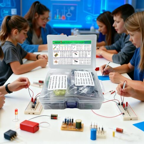 مجموعة المكونات الإلكترونية - إجمالي 1800 قطعة، صمامات ثنائية LED، مقاومات، مكثفات، مكثفات سيراميك، ترانزستورات، صمامات ثنائية - لمشاريع DIY، هواة الإلكترونيات in Kuwait