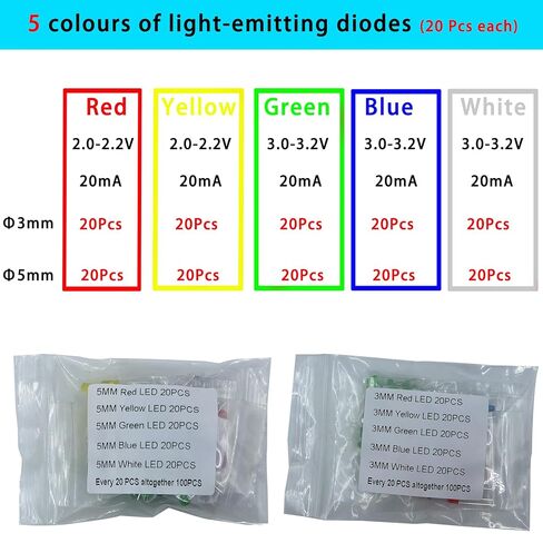 مجموعة المكونات الإلكترونية - إجمالي 1800 قطعة، صمامات ثنائية LED، مقاومات، مكثفات، مكثفات سيراميك، ترانزستورات، صمامات ثنائية - لمشاريع DIY، هواة الإلكترونيات in Kuwait