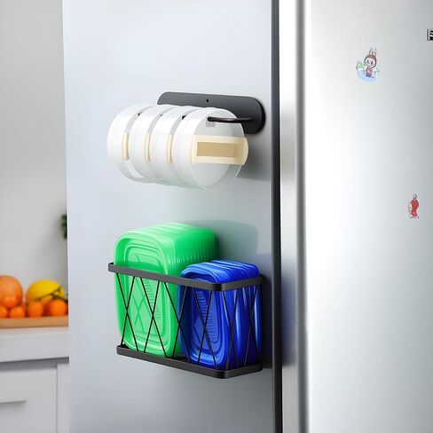 YIGII Magnetic Tupperware Container Lids with Tumbler Lid Organizer Magnet Hooks on Kitchen Fridge& RV, No Drilling&No Adhesive (Black) in Saudi Arabia