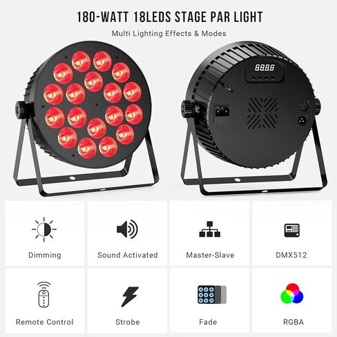 حزمة من قطعتين من مصابيح DJ Stage Par: 180 وات RGBA LED مع جهاز تحكم عن بعد وDMX - مثالية لإضاءة حفلات الزفاف، وعروض الفرقة الموسيقية الحية، وأحداث الحفلات - مزامنة الموسيقى المنشَّطة بالصوت - إضاءة سهلة التركيب للأحداث in Kuwait
