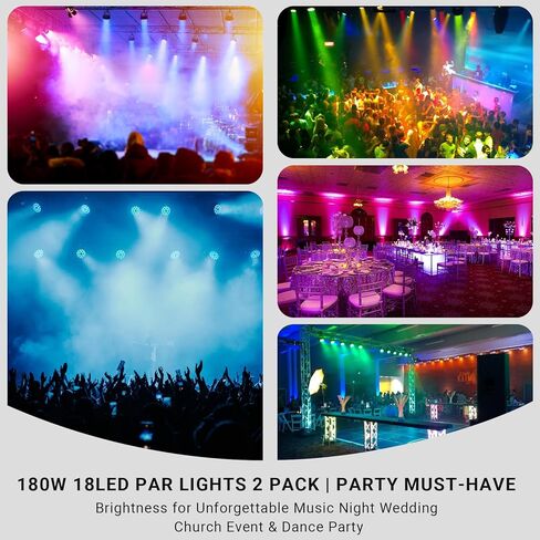 حزمة من قطعتين من مصابيح DJ Stage Par: 180 وات RGBA LED مع جهاز تحكم عن بعد وDMX - مثالية لإضاءة حفلات الزفاف، وعروض الفرقة الموسيقية الحية، وأحداث الحفلات - مزامنة الموسيقى المنشَّطة بالصوت - إضاءة سهلة التركيب للأحداث in Kuwait