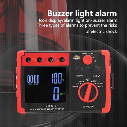GT5307B Digital Insulation Resistance Tester, High Voltage Megohmmeter, Large LCD Display with Alarm, 100V - 1000V Range for Motors Cables, Includes Test Leads Cl in Saudi Arabia