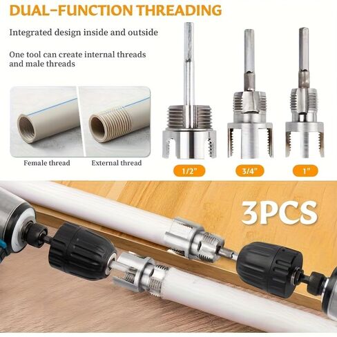 Heavy-Duty PVC/Plastic Pipe Threading Tool Kit, 3 pcs with 1/2"/3/4"/1" Male/Female Threads, Compatible for PVC PPR MPP Pipes & Drill Press/Screwdriver in Saudi Arabia