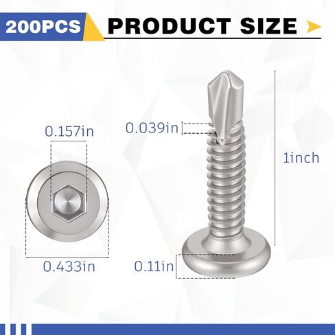 LEIFIDE 200 Pcs #12 x 1 Hex Socket Self Tapping Screw 410 Stainless Steel, Silver, Flat Head High-Strength Fast Sheet Metal Drilling Screws for Metal Plastic Wood in Saudi Arabia