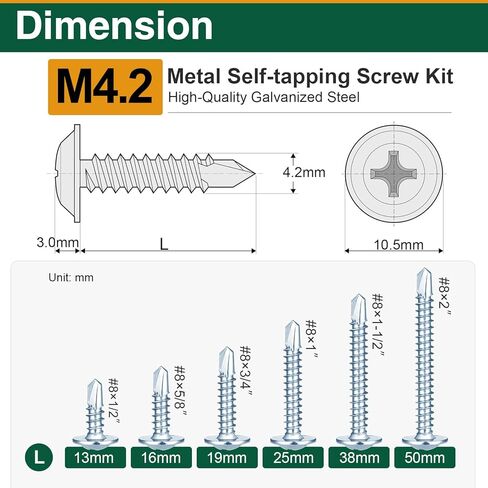 152 Pcs #8 Self Tapping Screws for Metal, Stainless Steel Sheet Metal Screws Assortment Kit, 6 Sizes 1/2", 5/8", 3/4", 1", 1-1/2", and 2" in Kuwait