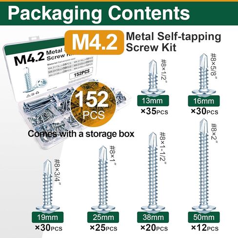152 Pcs #8 Self Tapping Screws for Metal, Stainless Steel Sheet Metal Screws Assortment Kit, 6 Sizes 1/2", 5/8", 3/4", 1", 1-1/2", and 2" in Kuwait
