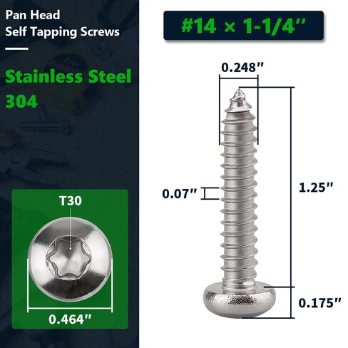50 Pcs #14 x 1-1/4 Torx Pan Head Sheet Metal Screws with Bit, 304 Stainless Steel 18-8, 6-Lobe Star Drive Extra Large Self Tapping Screws for Construction in Saudi Arabia