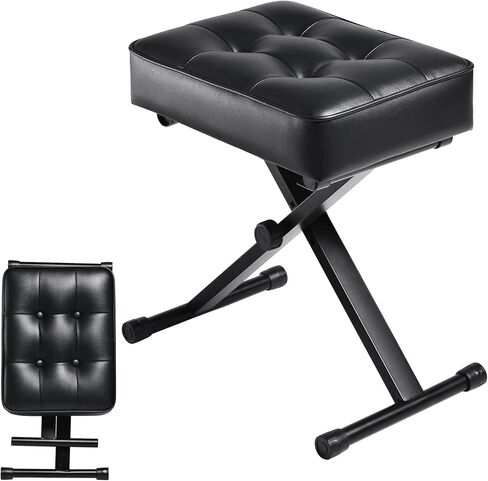 مقعد لوحة مفاتيح بيانو قابل للتعديل - مقعد لوحة مفاتيح قابل للطي مع أقدام مضادة للانزلاق، ارتفاع 3 مستويات مناسب للبالغين والأطفال، تصميم أزرار كلاسيكي، وسادة جلدية PU ممتازة، مقعد بيانو محمول (أسود) in Kuwait