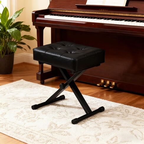 مقعد لوحة مفاتيح بيانو قابل للتعديل - مقعد لوحة مفاتيح قابل للطي مع أقدام مضادة للانزلاق، ارتفاع 3 مستويات مناسب للبالغين والأطفال، تصميم أزرار كلاسيكي، وسادة جلدية PU ممتازة، مقعد بيانو محمول (أسود) in Kuwait