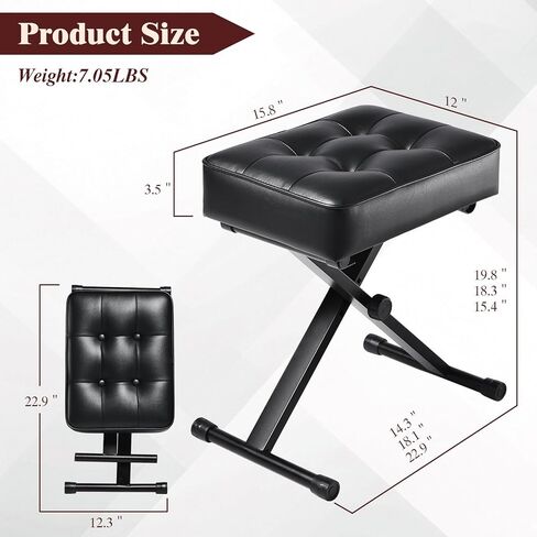 مقعد لوحة مفاتيح بيانو قابل للتعديل - مقعد لوحة مفاتيح قابل للطي مع أقدام مضادة للانزلاق، ارتفاع 3 مستويات مناسب للبالغين والأطفال، تصميم أزرار كلاسيكي، وسادة جلدية PU ممتازة، مقعد بيانو محمول (أسود) in Kuwait