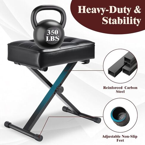 مقعد لوحة مفاتيح بيانو قابل للتعديل - مقعد لوحة مفاتيح قابل للطي مع أقدام مضادة للانزلاق، ارتفاع 3 مستويات مناسب للبالغين والأطفال، تصميم أزرار كلاسيكي، وسادة جلدية PU ممتازة، مقعد بيانو محمول (أسود) in Kuwait