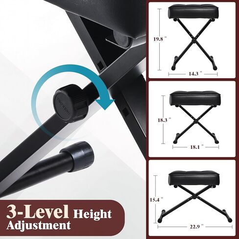 مقعد لوحة مفاتيح بيانو قابل للتعديل - مقعد لوحة مفاتيح قابل للطي مع أقدام مضادة للانزلاق، ارتفاع 3 مستويات مناسب للبالغين والأطفال، تصميم أزرار كلاسيكي، وسادة جلدية PU ممتازة، مقعد بيانو محمول (أسود) in Kuwait