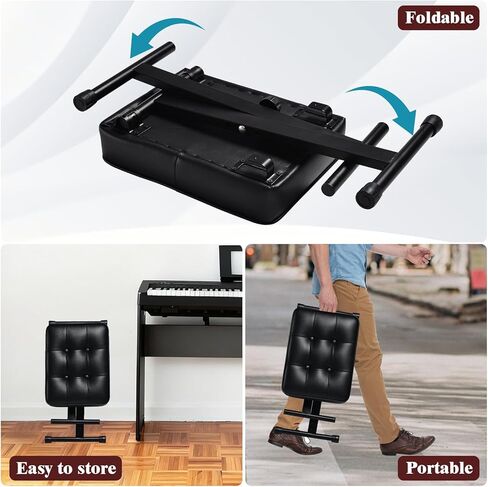 مقعد لوحة مفاتيح بيانو قابل للتعديل - مقعد لوحة مفاتيح قابل للطي مع أقدام مضادة للانزلاق، ارتفاع 3 مستويات مناسب للبالغين والأطفال، تصميم أزرار كلاسيكي، وسادة جلدية PU ممتازة، مقعد بيانو محمول (أسود) in Kuwait